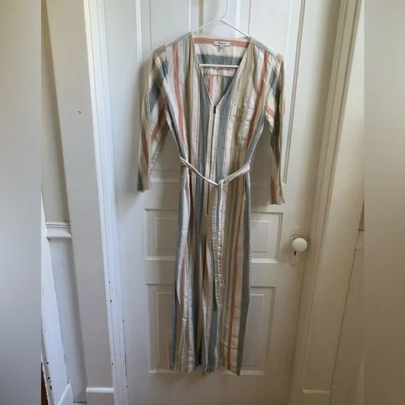 Madewell V-Neck Tie Waist Striped Jumper Size 0
White Blue Pink & Tan - Picture 7 of 9